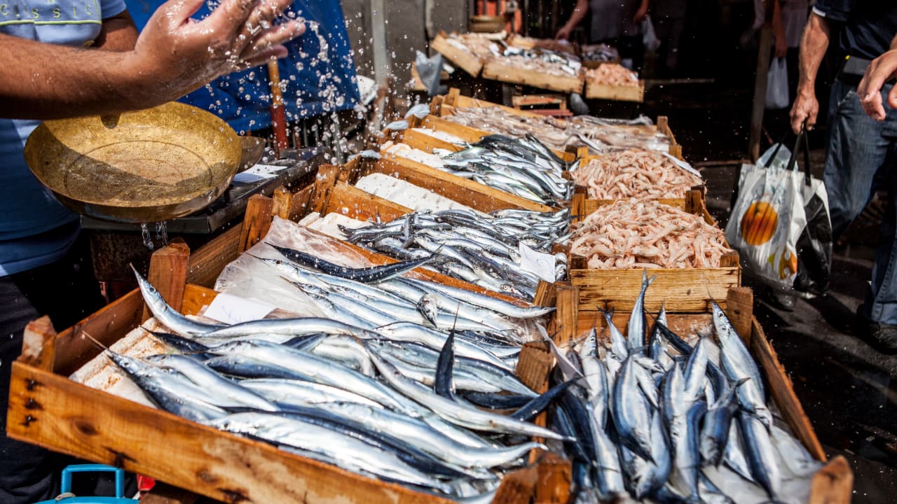 Scène de vie dans le marché aux poissons de Catane.